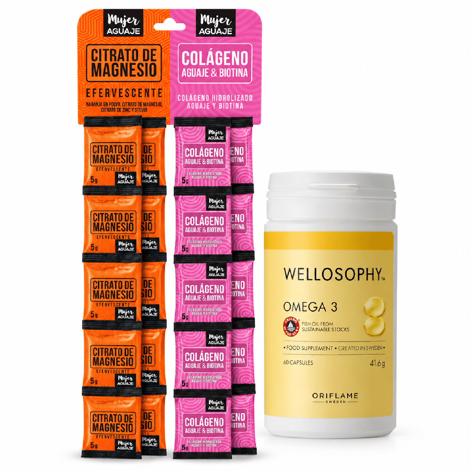 Citrato de Magnesio y Colágeno Aguaje con Biotina 20 Sobres y Omega 3 Wellosophy